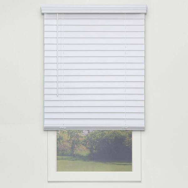 Perfect Lift Window Treatment White Cordless Room Darkening Faux Wood Blinds with 2 in. Slats - 56.5 in. W x 64 in. L