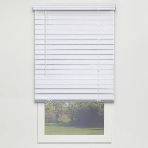 Perfect Lift Window Treatment Textured White Cordless Room Darkening Faux Wood Blinds with 2 in. Slats - 57 in. W x 72 in. L
