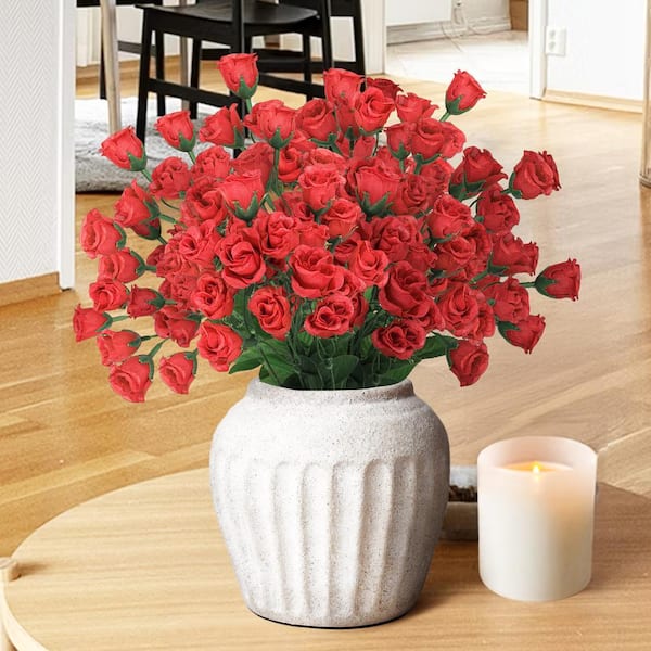LIVING LUXURY 14 in. Red Artificial Mini Rose Bud Flower Stem Bush