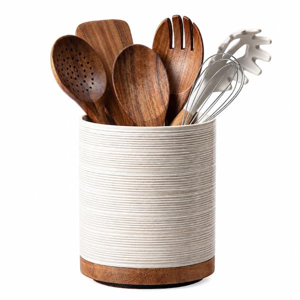 Off-White Ceramic 360° Rotating Extra-Large Kitchen Utensil Holder with Wooden Base, Farmhouse Decor