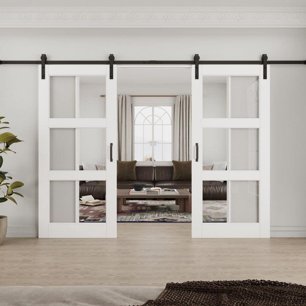 72 in. x 80 in. 3-Lite Tempered Clear Glass White Primed Solid Core MDF Sliding Barn Door with Hardware Kit price history on PriceWatchPro