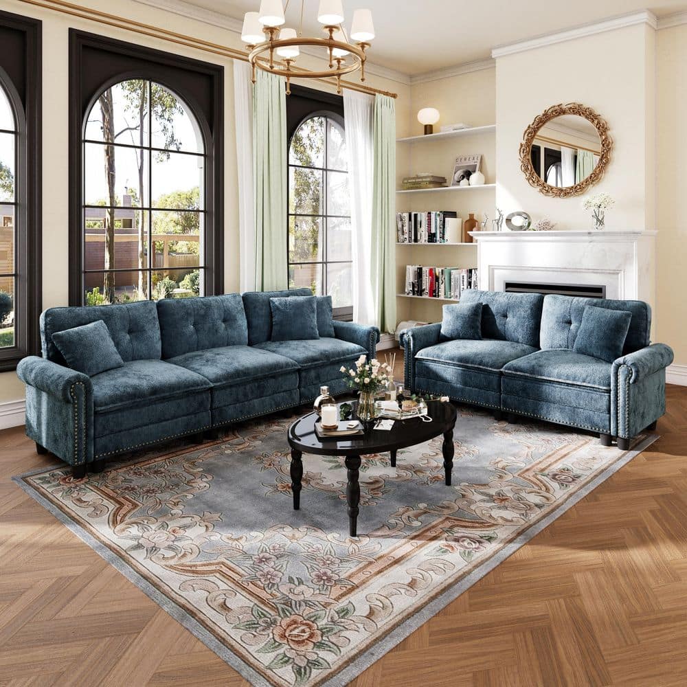 113.8 in. Roll Arm 5-Seat Chenille Modular Sectional Sofa in. Blue with Throw Pillows