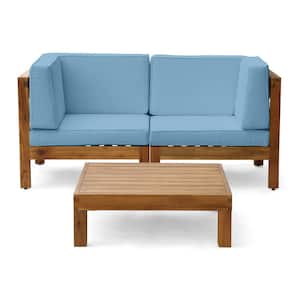 Brava Teak Brown 3-Piece Wood Patio Conversation Seating Set with Blue Cushions
