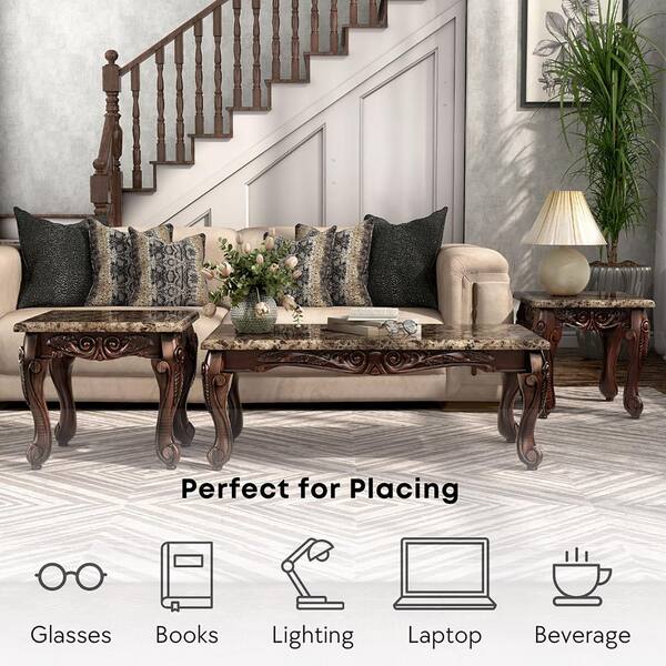 Furniture of America Semoleah 3-Piece 48 in. Dark Oak and Ivory Rectangle Faux Marble Coffee Table Set - image 4