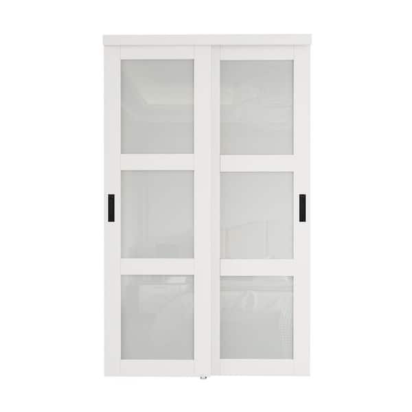 48 in. x 80 in. 3-Lite Frosted Glass White Finished MDF Interior Closet Sliding Door with Hardware and Black Handles