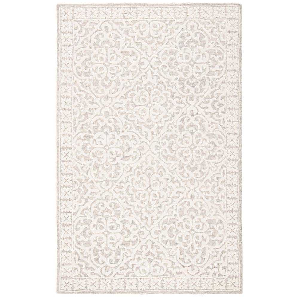 Grey and Ivory Floral Hand-Tufted Wool Area Rug, 8' x 10'