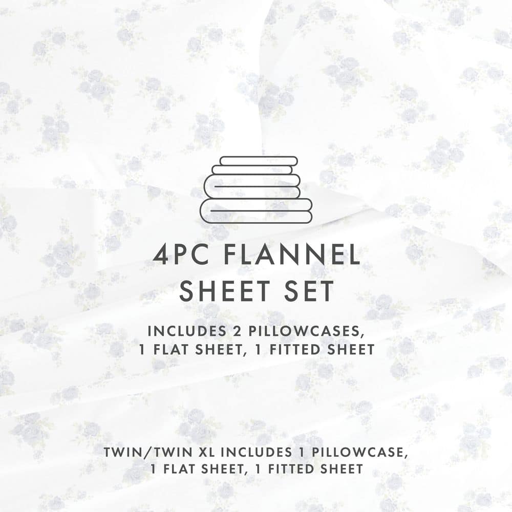 Light Blue Floral Cotton Flannel Queen Sheet Set