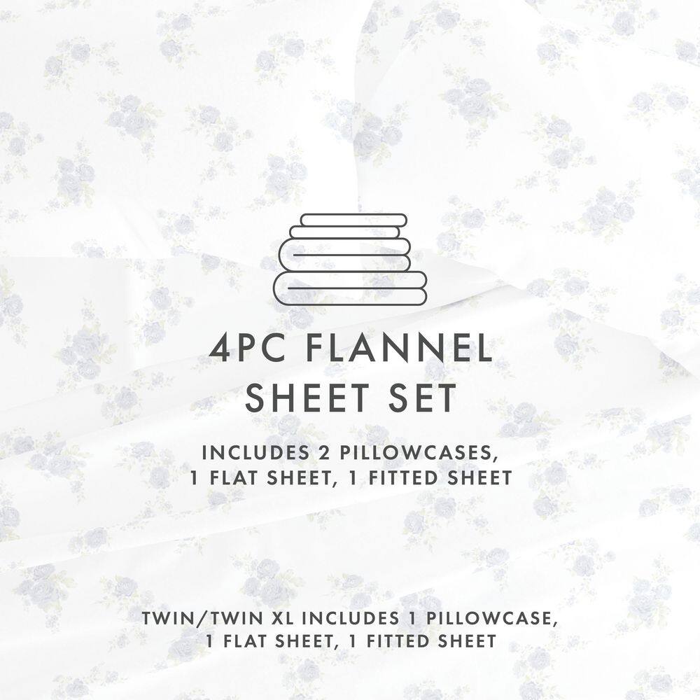 Light Blue Floral Cotton Flannel Twin Sheet Set with Deep Pockets