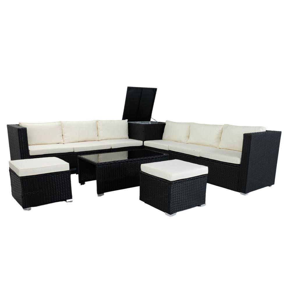 Black wicker outdoor sectional set with beige cushions and coffee table.