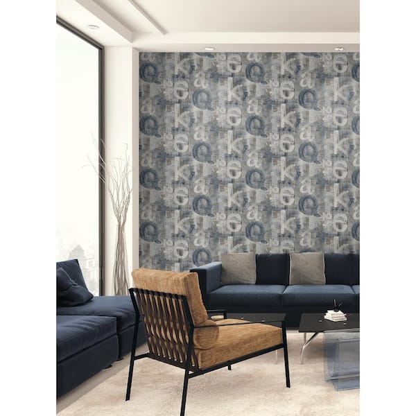 Steel Blue  and  Mocha Graphic Letters Vinyl Peel and Stick Wallpaper Roll 40.5 sq. ft.