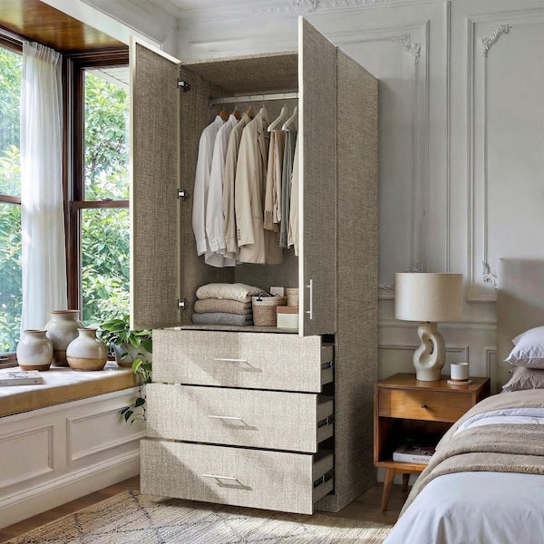 1-Piece Gray Wood Queen Bedroom Set with Wardrobe Storage, Hanging Rod, 3-Drawers, Metal Handles for Bedroom Storage