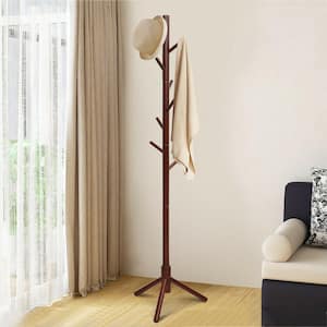 Walnut Wooden Coat Rack Stand Hall Tree Entryway Organizer 2-Heights with 8-Hooks