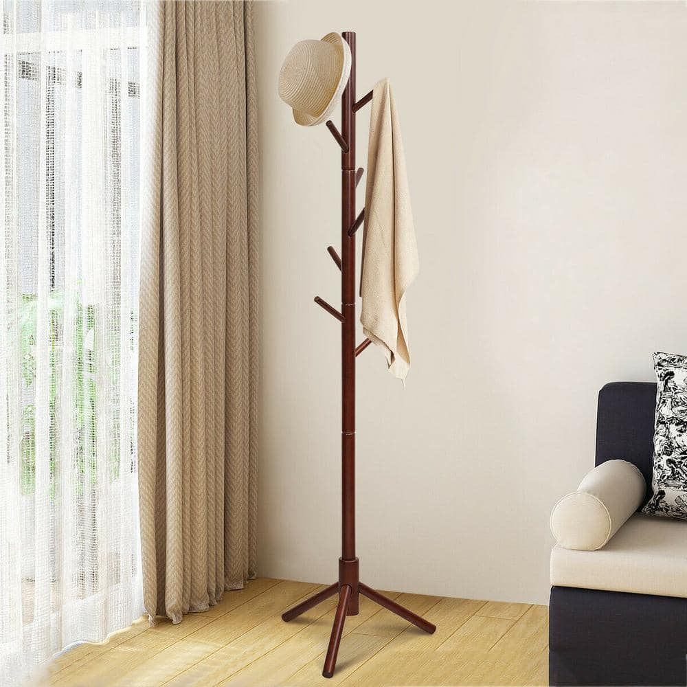 Walnut Wooden Coat Rack Stand Hall Tree Entryway Organizer 2 Heights with 8 Hooks QD 65615WF The Home Depot