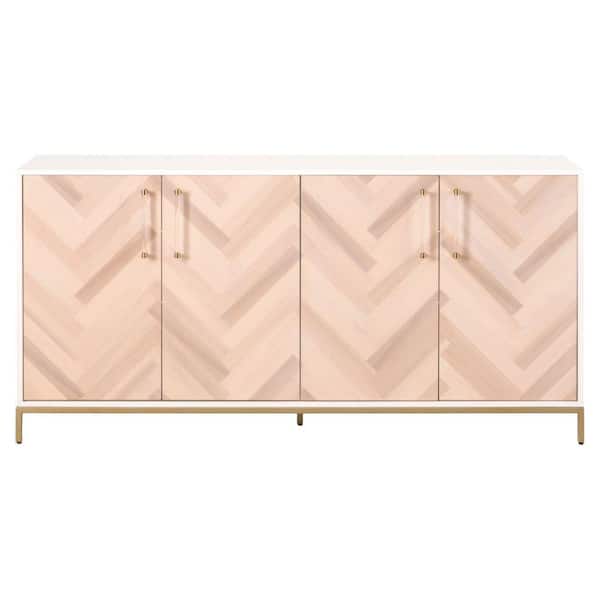 Benjara Brown and White Wood Top 71.25 in. Sideboard with 4 Doors and Metal Base