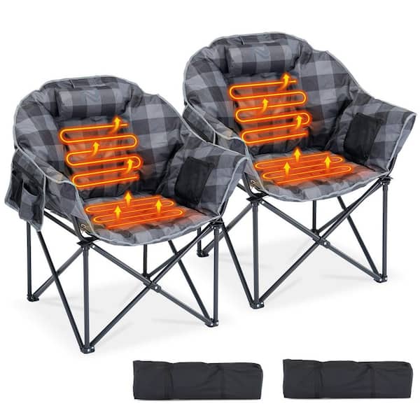 Oversized Heated Camping Chair Padded Camp Chair with 3 Heat Levels Portable Folding Heated Lawn Chair (2-Pack, Brown)