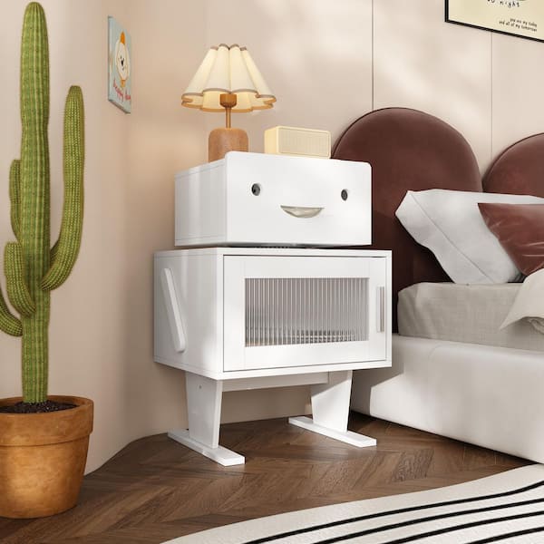 White 2-Shelf 18.9 in. W Robot-Shaped Nightstand, Kids Bedside Table with Cabinet Storage and Fun Character Design