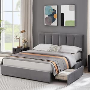 Upholstered Bed Frame, Gray Queen Metal Frame With 4-Storage Drawers and Adjustable Headboard Platform Bed Frame