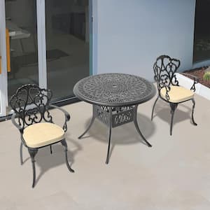 Lily Black 3-Piece Cast Aluminum Outdoor Dining Set with Round Table and Dining Chairs with Random Color Cushion