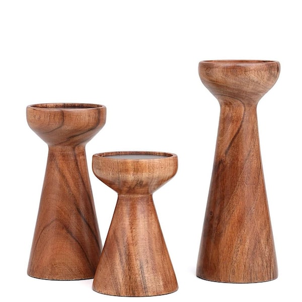 Wooden Brown Flare Candleholders 3-Pack, Large Decorative Candle Holders for Table Centerpiece & Mantle Decor
