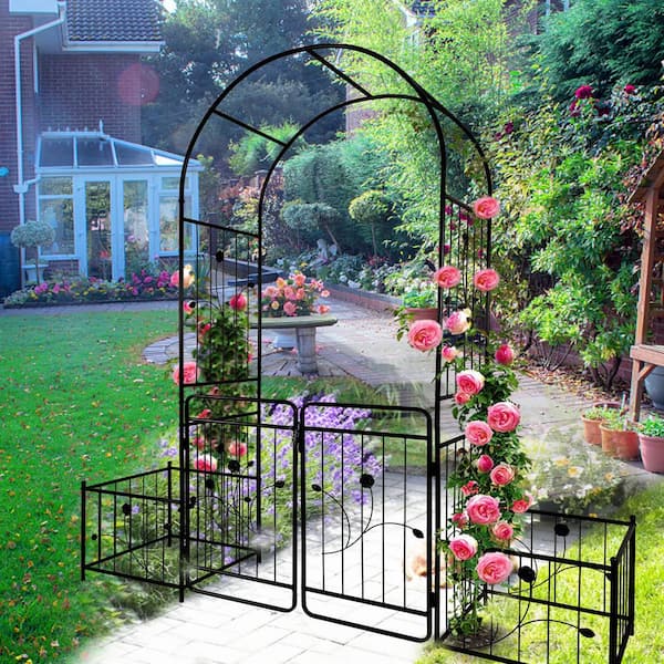 Unbranded - 79.5 x 86.6 in. Garden Trellis, Metal Garden Arch with Gate, Climbing Plants Support Rose Arch, Black
