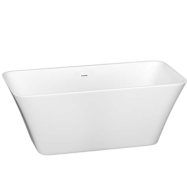 Magic Home 59 in. Acrylic Flatbottom Freestanding Alcove Soaking Bathtub in White and Overflow and Drain