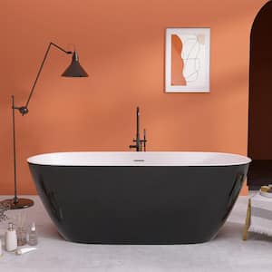 65 in. x 29.5 in. Acrylic Freestanding Soaking Bathtub Flatbottom Stand Alone Glossy Black Tub with Black Center Drain