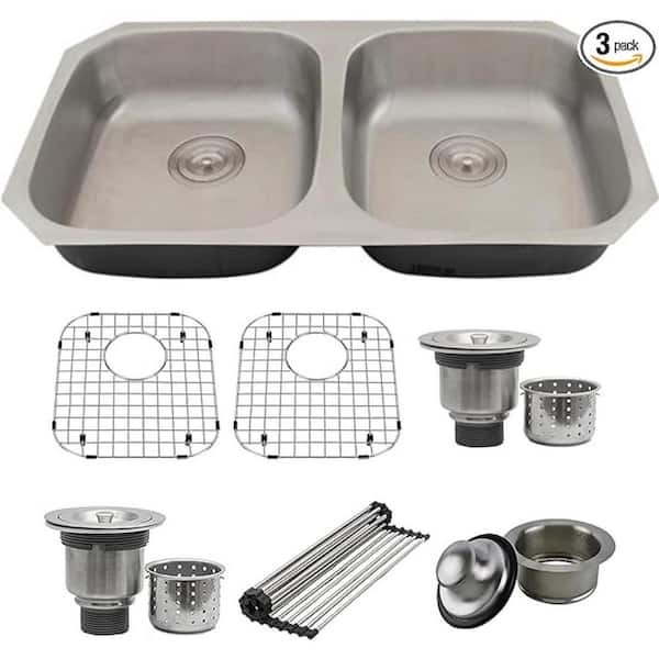 32 in. Undermount Double Bowl 18 Gauge Stainless Steel ADA Kitchen Sink with Accessories