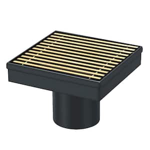 Mixed Metal 4 in. x 4 in. Brushed Gold and Matte Black Square Shower Drain with Linear Pattern Drain Cover