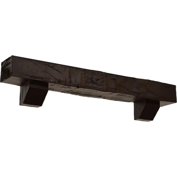 Ekena Millwork 4 in. x 4 in. x 5 ft. Hand Hewn Faux Wood Fireplace Mantel Kit with Ashford Corbels, Natural Mahogany