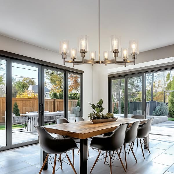 8-Light Brushed Nickel Industrial Chandelier with Clear Glass Cylinder Shades for Dining Room and Living Room