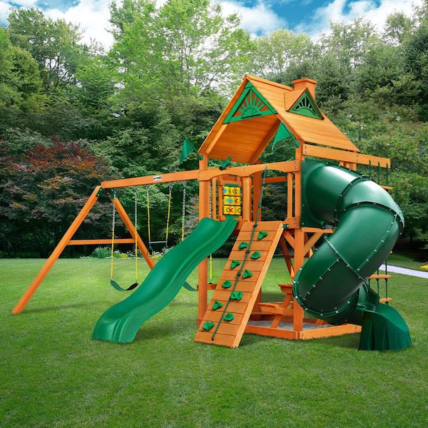 Gorilla Playsets Mountaineer Wooden Outdoor Playset with 2 Slides, Picnic Table, Rock Wall, Swings, and Backyard Swing Set Accessories