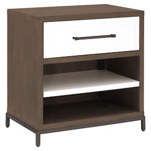 27.5 in. White, Brown, and Black 1-Drawer Wooden Nightstand