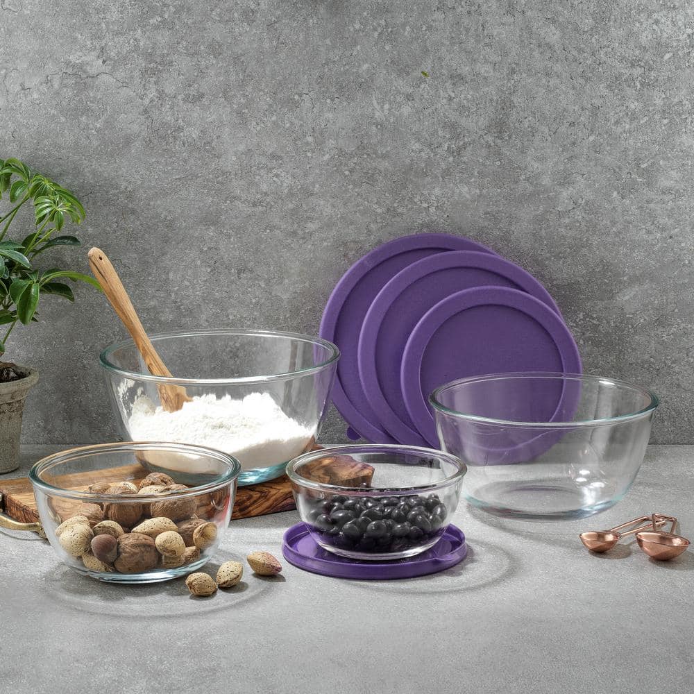 JoyFul 4 Piece Glass Purple Mixing Bowls Set With Airtight Lids
