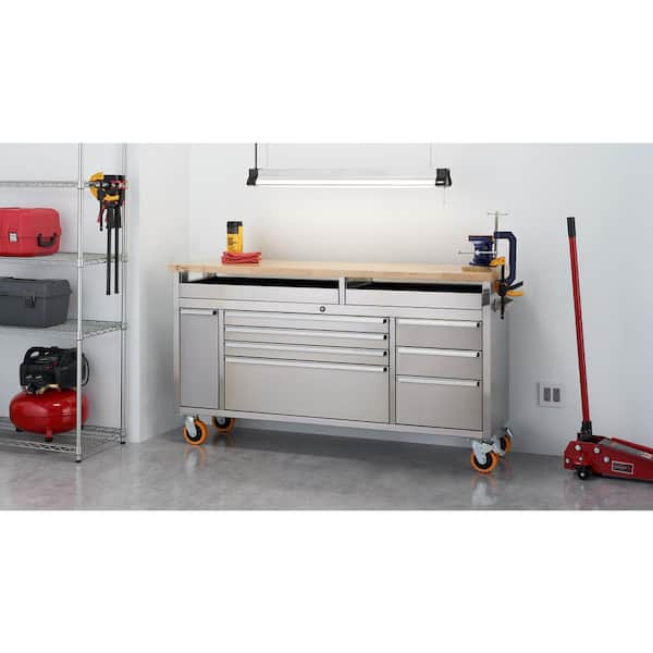 PRO 66 in. W x 19 in. D 9-Drawer Stainless Steel Mobile Workbench Cabinet with Adjustable Top