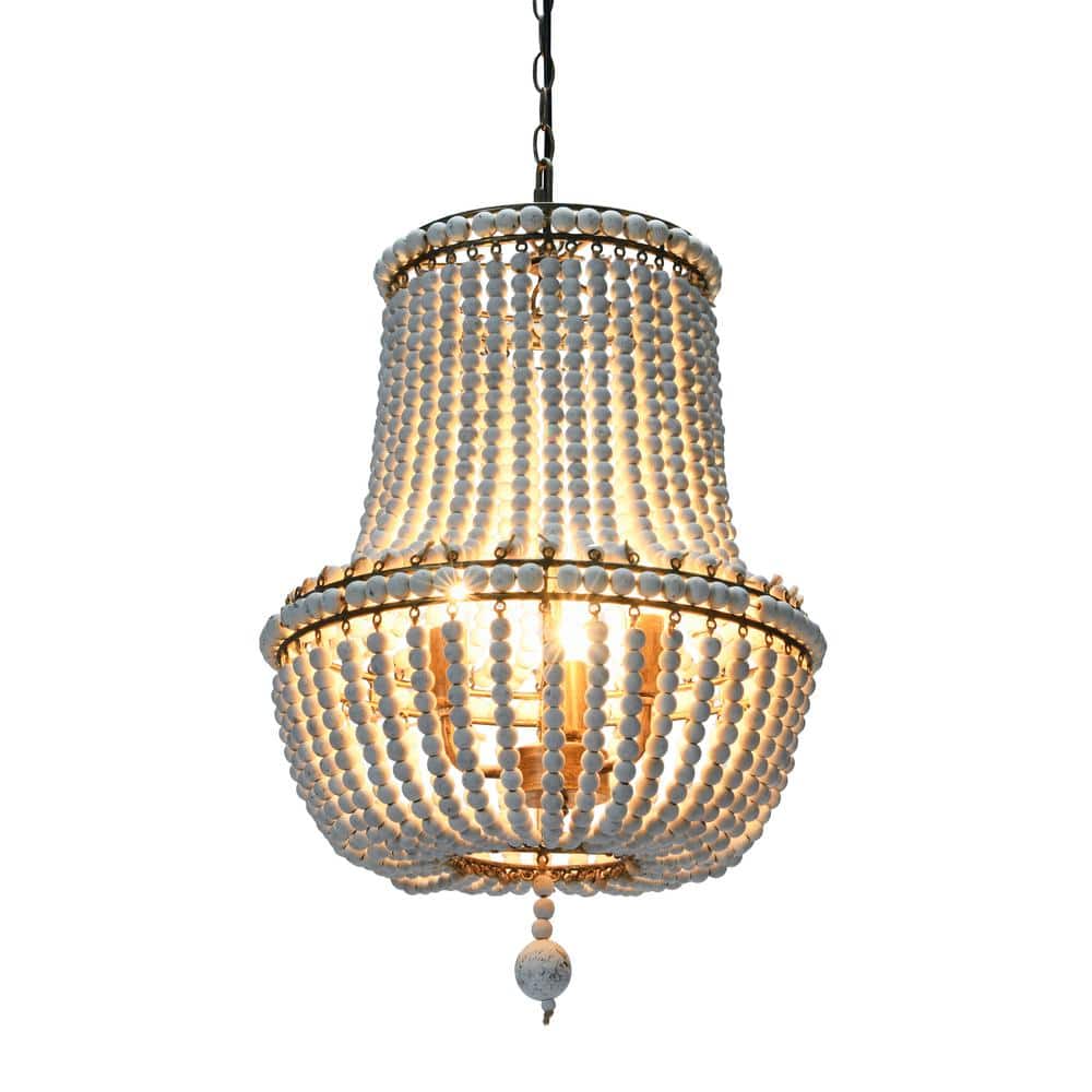 Off-White Draped Wood Bead Chandelier with Iron Frame