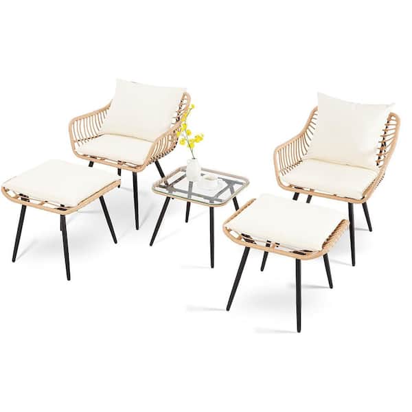 5-Piece Wicker Outdoor Bistro Set with Beige Cushion, Ottoman, Table and 2 Chairs for Porch Backyard Lawn Poolside Deck