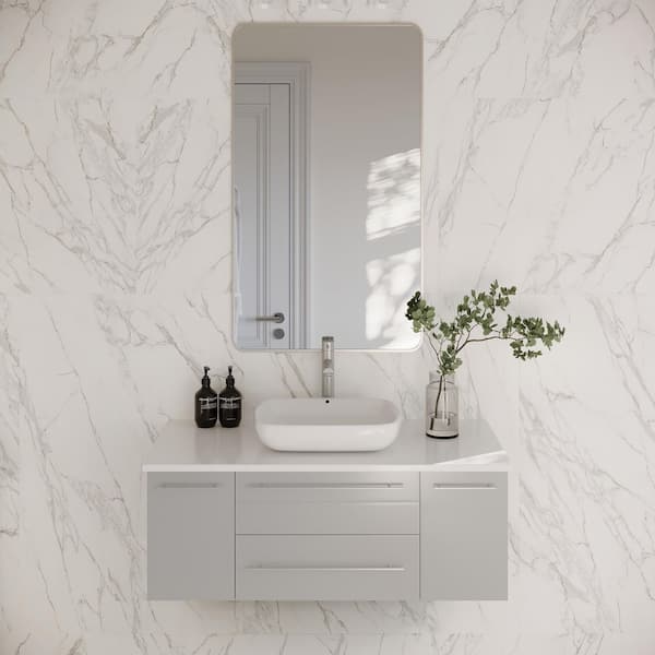Lucera 42 in. Single Sink Wall Mount Floating Gray Bath Vanity with White Quartz Top and Vessel Ceramic Sink