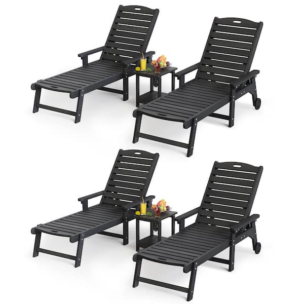 Hellen Keller Black 6-Piece HDPS Plastic Adjustable Outdoor Patio Reclining Chaise Lounge Chair Set with Side Table