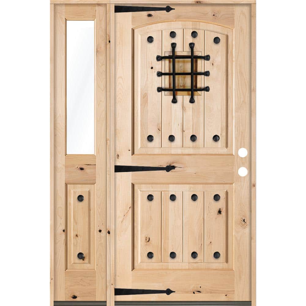 46 in. x 80 in. Mediterranean Unfinished Knotty Alder Arch Left-Hand Left Half Sidelite Clear Glass Prehung Front Door price history on PriceWatchPro
