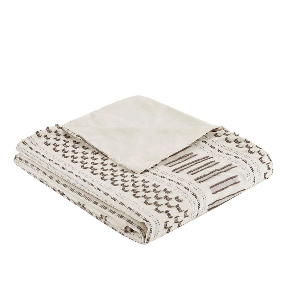 3-Piece Ivory and Charcoal 100% Cotton King or Cal King Jacquard Duvet Cove