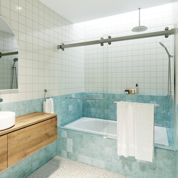 Glass Warehouse Polaris 60 in. W x 60 in. H Sliding Frameless Bathtub Door with Square Hardware in Chrome with Clear Glass