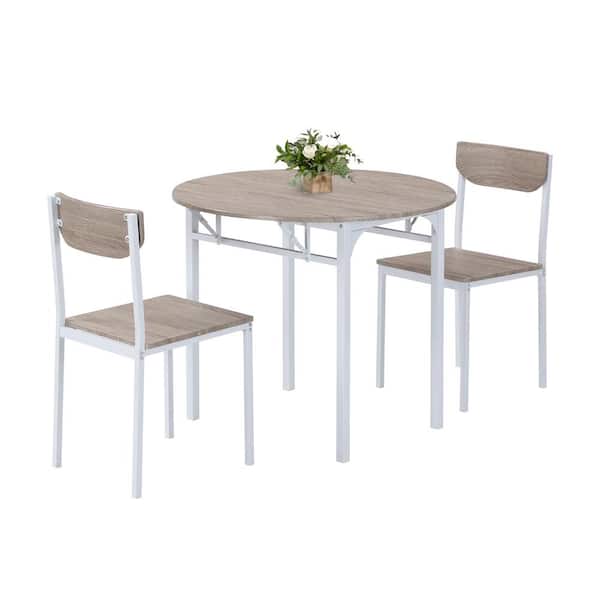 Unbranded 3-Piece Metal Round Outdoor Dining Table Set with Drop Leaf and 2 Chairs, White Frame Plus Natural Finish
