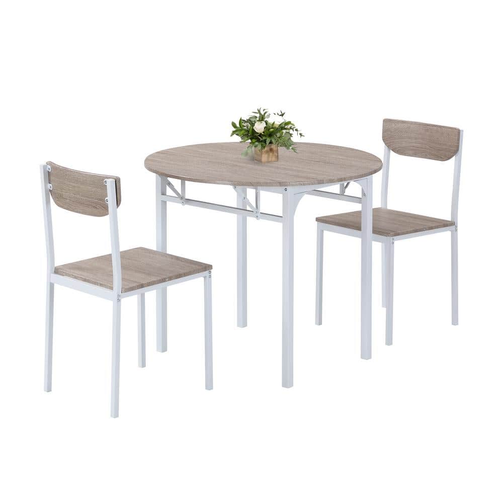 3-Piece Metal Round Outdoor Dining Table Set with Drop Leaf and 2 Chairs, White Frame Plus Natural Finish