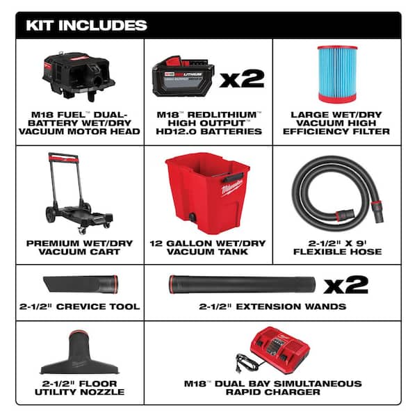 M18 FUEL 12 Gal Cordless Dual-Battery Wet/Dry Shop Vac Kit with AIR-TIP 1-1/4 in. - 2-1/2 in. Right Angle Tool and Bag