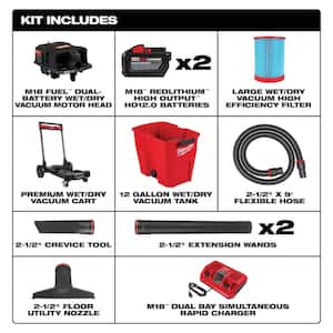 M18 FUEL 12 Gal. Cordless Dual-Battery Wet/Dry Shop Vac Kit with Extra High Efficiency Filter and Wet Foam Filter