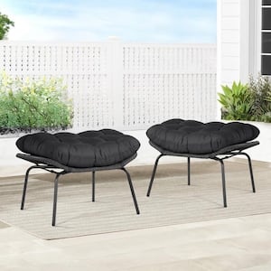 Metal PE Wicker Outdoor Ottoman with Gray Cushion (2-Pieces)