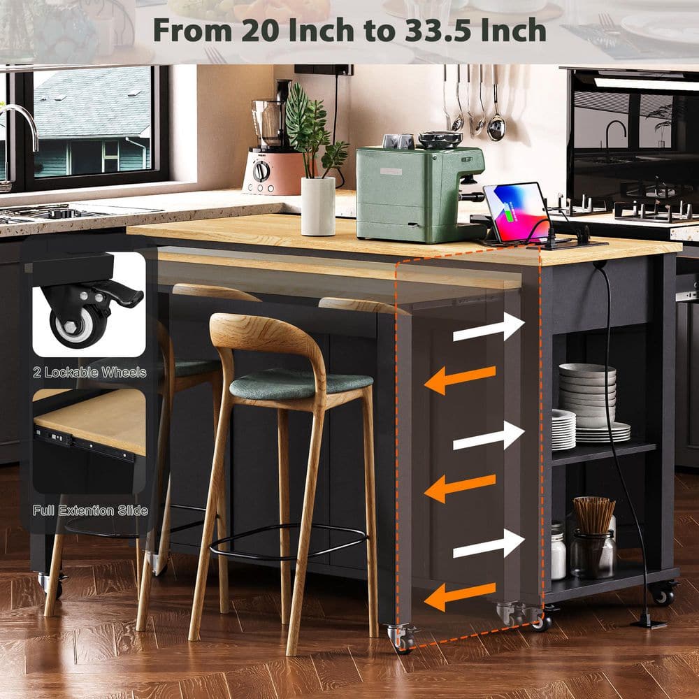 White Kitchen Cart with Extendable Dining Table, Internal Racks, 4 Open Side Shelves, 2-Drawer, Power Outlet - thumbnail 7