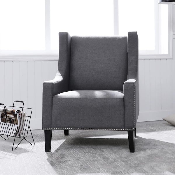 grey accent chair with nailhead trim