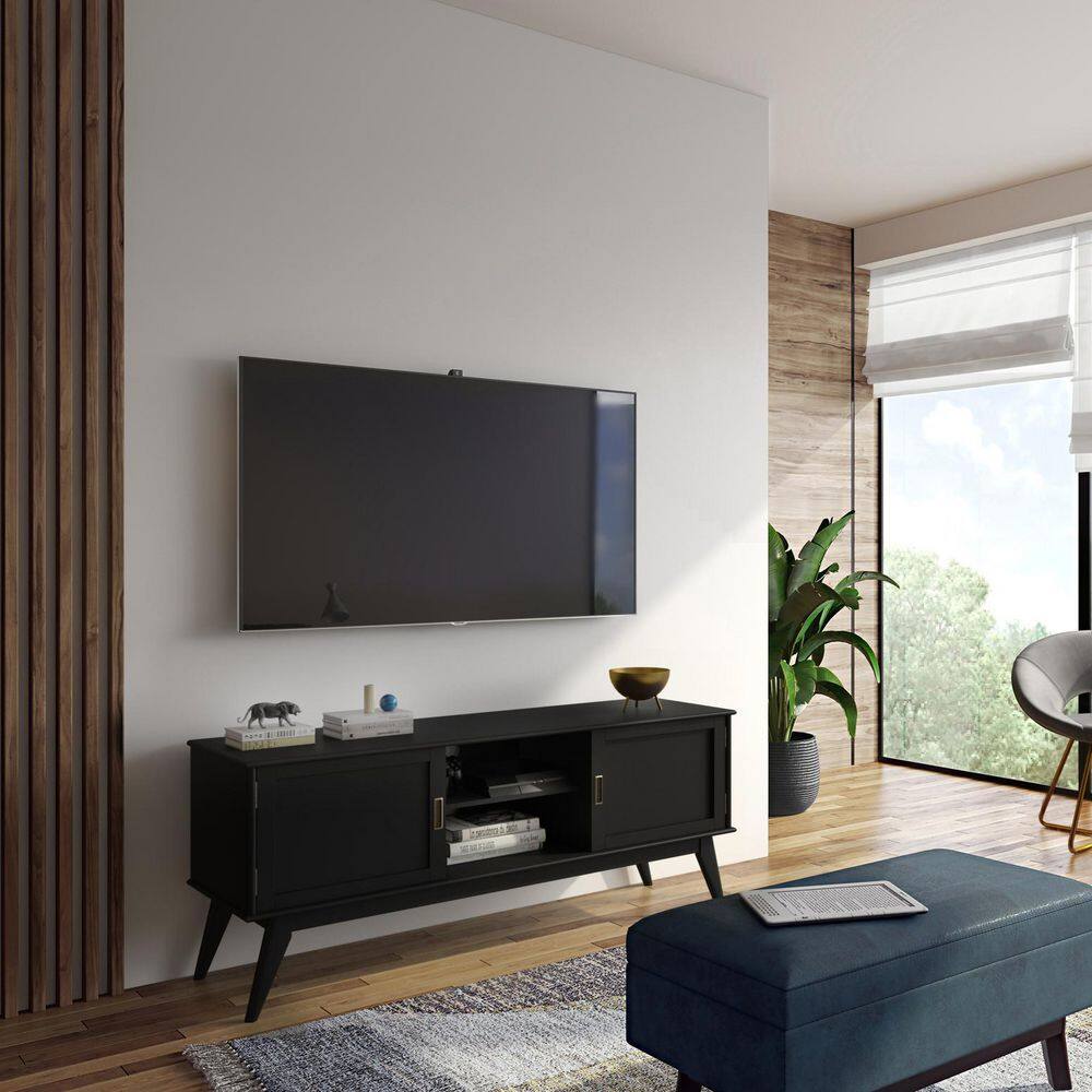 Black Mid Century Modern TV Media Stand with Cabinets