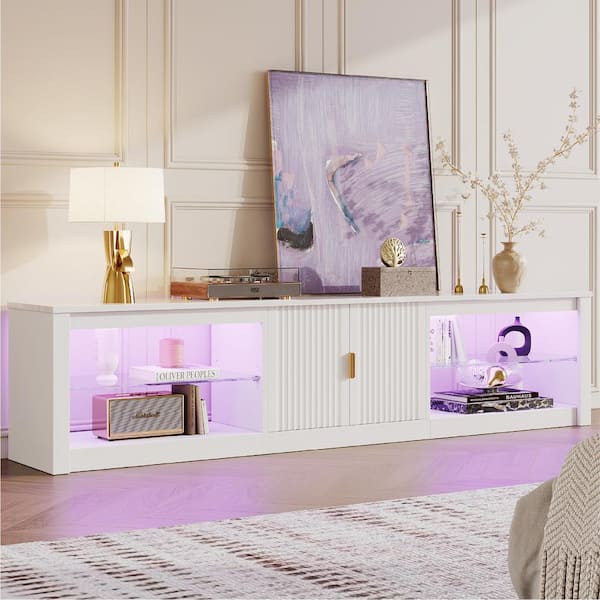 80 in. Fluted Glossy White TV Stand Fits TV Up to 85 in. LED Entertainment Center with Cabinet & Adjustable Shelf